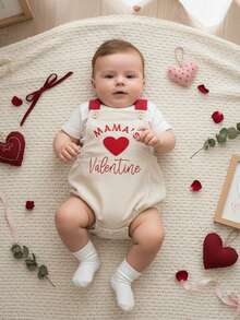 Conjunto de San Valentín para bebé recién nacido, niño y niña, mono de pana con corazón de San Valentín de mamá, mono sin mangas con tirantes y burbujas, mono corto sin espalda, ropa para mi primer día de San Valentín - Caqui - Ver 1