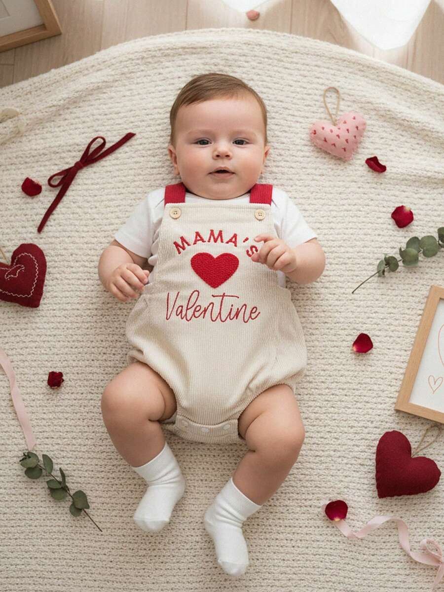 Conjunto de San Valentín para bebé recién nacido, niño y niña, mono de pana con corazón de San Valentín de mamá, mono sin mangas con tirantes y burbujas, mono corto sin espalda, ropa para mi primer día de San Valentín - Caqui - Ver 1