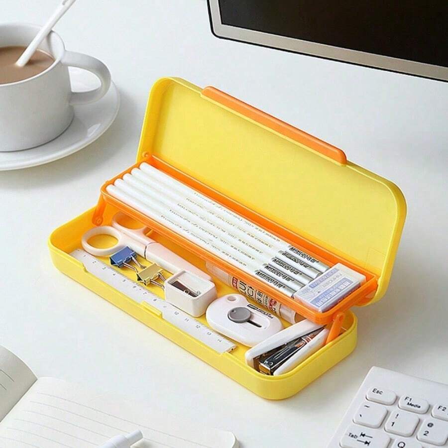 1pc Pencil Case, Multi-Color, Large Capacity For Students, Macaron Double-Layer Frosted Plastic Stationery Box,Back To School,Bag - Multicolor - View 1