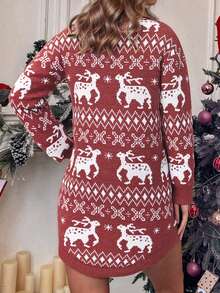 Robe pull de Noël pour femmes avec motif géométrique de renne, manches longues, col rond, fente fendue, mini-robe en tricot. Robe de fête d'hiver rouge et bordeaux pour les fêtes - Rouge - Voir 7
