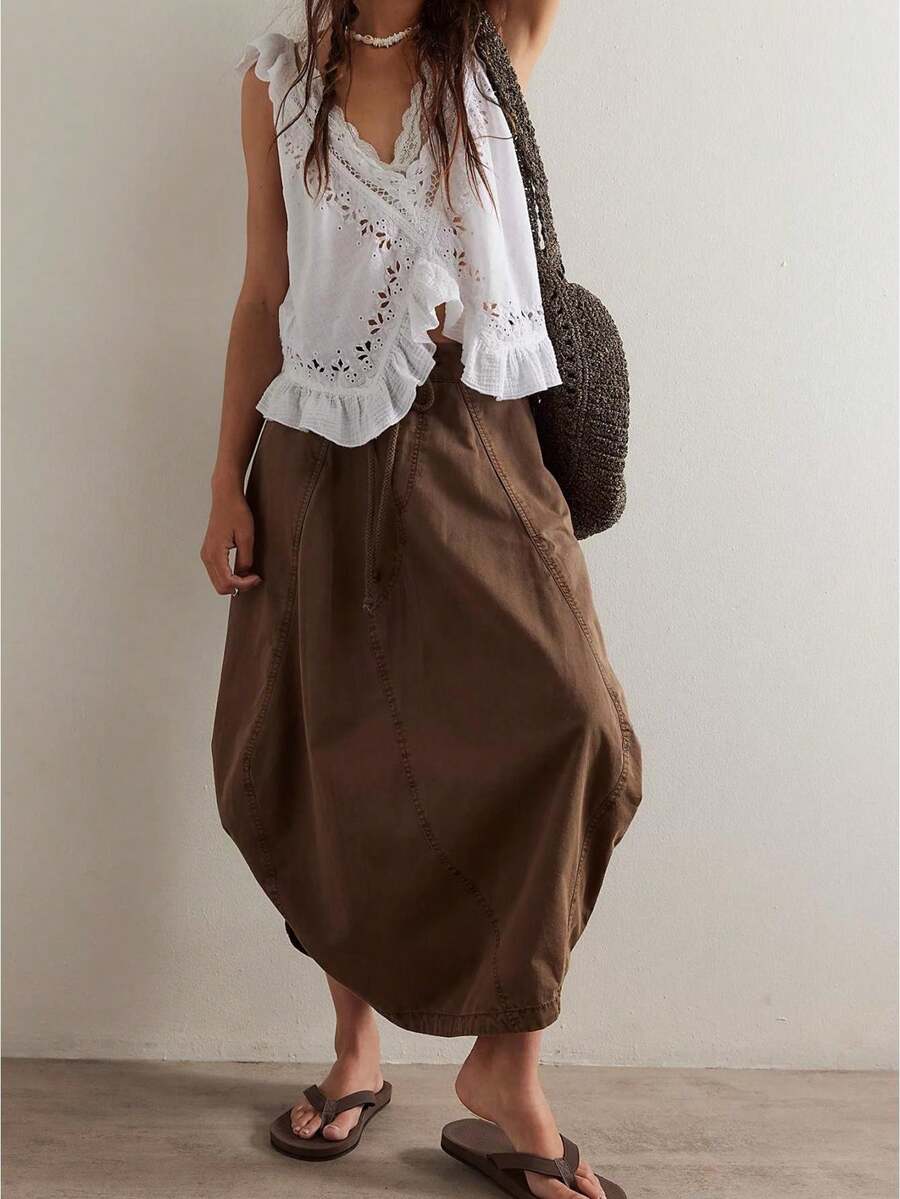Women Y2k Cargo Parachute Long Skirt Asymmetrical Hem Pleated Bubble Maxi Skirts With Pockets - 咖啡棕 - 查看 1
