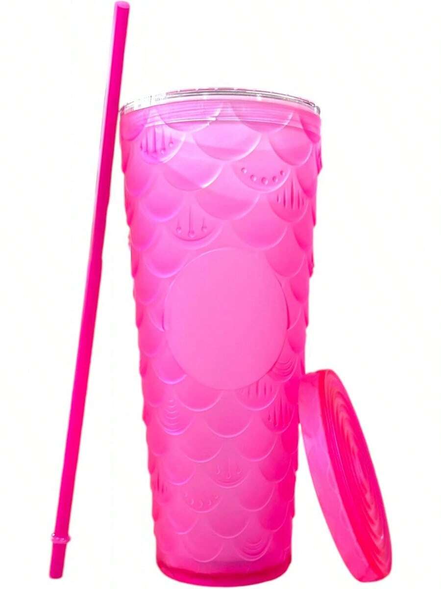 Vaso Texturizado Prismas Neón Durian de Doble Pared con Tapa de Doble Rosca y Popote de 24 Onzas 710 ml (Sirena Fiusha Neon Rosa) - Sirena Fiusha - Ver 1