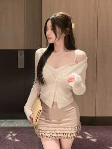 两件套女士早春针织毛衣上衣+吊带背心，新款通勤休闲开衫&背心套装 - 杏色 - 查看 6