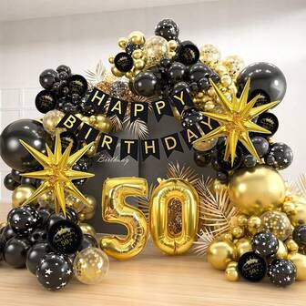 100pcs Confetti Sequins Matte Black Chrome Gold Latex Balloon Chain Set, Foil Happy Birthday Banner, 32" Number 50 Decoration For Men Women Birthday Party Supplies