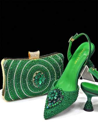 Venus Chan Conjunto de tacones altos verdes y bolso para mujer 2025 - Diseño italiano de zapatos de punta con decoración de rhinestones - Elegantes tacones de fiesta para celebraciones glamorosas - Tallas grandes disponibles