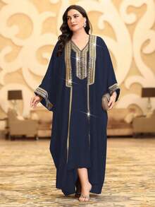大码阿拉伯长袍，V领，常规袖，饰带贴花，休闲飘逸大码连衣裙 - 寶藍色 - 查看 7
