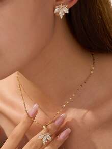 Nooxian 3件套时尚铜镀白锆石枫叶耳钉及耳钉项链套装，女士奢华珠宝礼品（不含礼盒） - 金黃色 - 查看 2