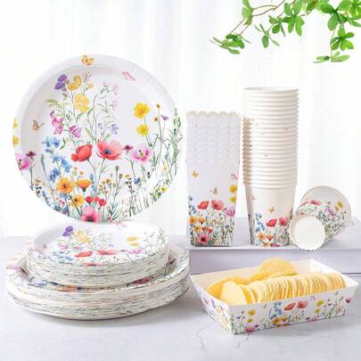 Colorful Floral & Butterfly Print Disposable Plates, Cups, Popcorn Boxes, Food Containers Set, Party Supplies Suitable For 24 Guests, Disposable Paper Plates Party Tableware Set For Birthday, Wedding, Party, Family Picnic