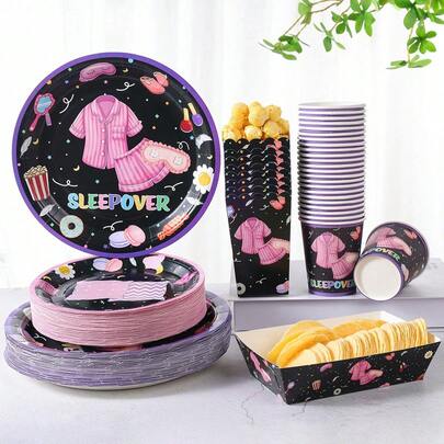 Fashion Sleepwear Print Disposable Plate, Cup, Popcorn Box, Food Box Set, Party Supplies, Suitable For 24 Guests, Disposable Paper Plate Party Tableware Set For Birthday, Wedding, Party, Family Picnic