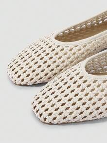 ADAMUMU 女士新款米色手工编织皮革平底便鞋，镂空纹理设计，复古奢华，百搭通勤舒适鞋 - 白色 - 查看 7