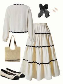 Girls' Elegant Sweet Mid-Length Dress Set, Includes One Long Sleeve Top With Ruffle Bow Decor And One Layered Mid-Length Skirt. Fashionable Casual, Suitable For Spring And Autumn, Suitable For School, Parties, Vacation And Travel - Beige - View 5