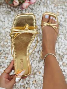 Women's New Flat Square Toe Design Sandals, Lightweight & Comfortable, Minimalist Fashion, Strap Criss-Cross Thong Slip-On, Versatile Bohemian Style Beach Slippers - Gold - View 1