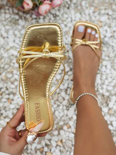 Women's New Flat Square Toe Design Sandals, Lightweight & Comfortable, Minimalist Fashion, Strap Criss-Cross Thong Slip-On, Versatile Bohemian Style Beach Slippers