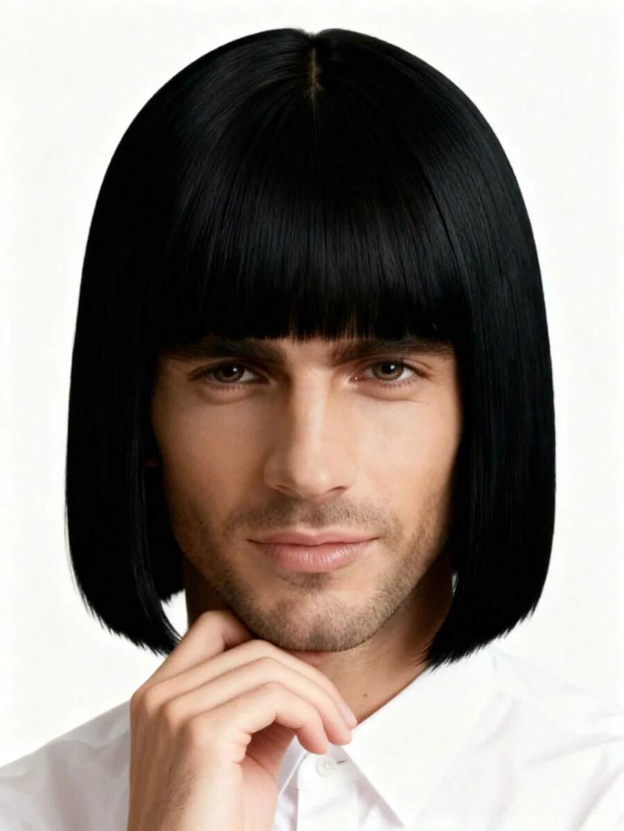 Perucă Bobo neagră pentru bărbați cu breton, aspect natural și confortabil, stil natural rezistent la căldură, densitate mare, potrivită pentru purtare zilnică, petreceri, jocuri de rol, Halloween, Crăciun, cosplay, festivaluri de muzică