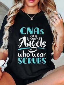 Angels Who Wear Scrubs Graphic Tee - Unisex CNA PCA Nursing Assistant Apparel, Black With Teal & White Print, Round Neck Short Sleeve, All-Season Comfort Fit, Machine Washable Casual Workwear, Nurse Scrubs, Healthcare Professional Apparel, Relaxed Fit Top, Durable Print Shirt, Staff Clothing, Breathable Material, Staff Tee, Hospital Staff - 黑色 - 查看 1