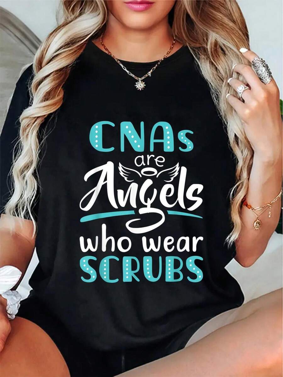 Angels Who Wear Scrubs Graphic Tee - Unisex CNA PCA Nursing Assistant Apparel, Black With Teal & White Print, Round Neck Short Sleeve, All-Season Comfort Fit, Machine Washable Casual Workwear, Nurse Scrubs, Healthcare Professional Apparel, Relaxed Fit Top, Durable Print Shirt, Staff Clothing, Breathable Material, Staff Tee, Hospital Staff - 黑色 - 查看 1