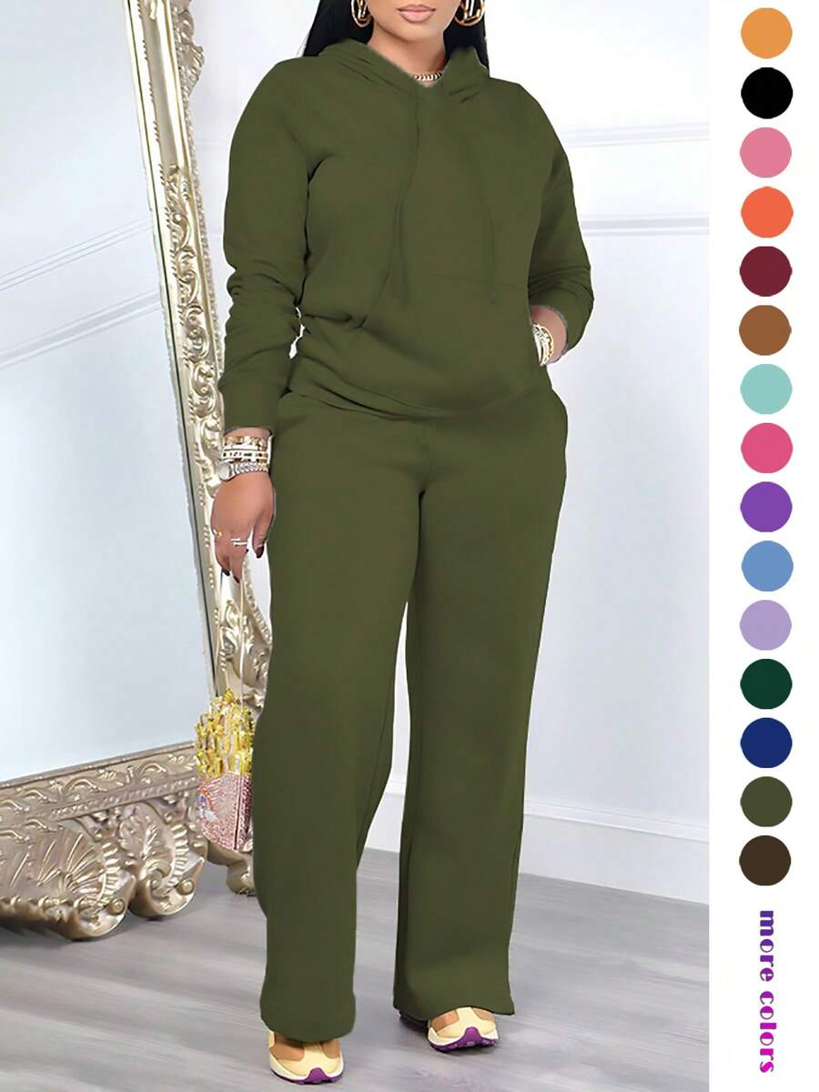 Women's Casual 2-Piece Set, Solid Color Elegant Long Sleeve Hooded Sweatshirt With Drawstring Pocket And Straight Leg Drawstring Pants Suit Spring - Army Green - View 1