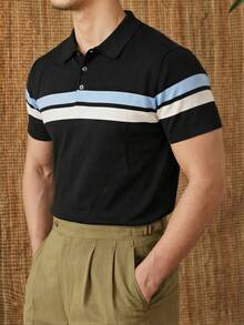 Men's Striped Polo Collar Short Sleeve Casual Knit Top - Black - View 2