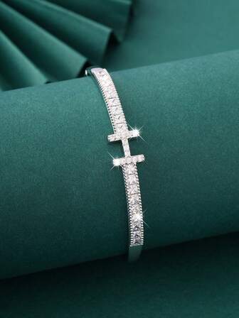 1pc Elegant H-Clasp Bracelet, Copper Micro-Inlaid Zirconia Jewelry Design Open Bangle, High-End Gift For Holidays