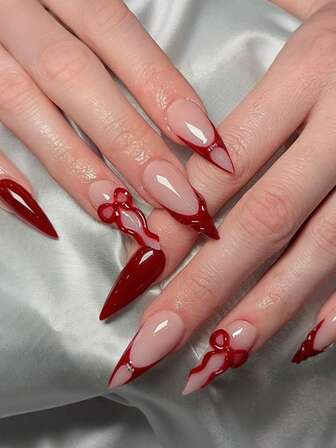 24pcs Long Stiletto Press On Nails Red French Tips Nails With 3D Bowknot Red 3D Line Art Design Elegant Glossy Full Cover For Women Girls Fake Nails