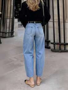 优雅波西米亚风女式中弹七分牛仔裤，做旧水洗，纽扣和口袋细节设计，休闲春季款 - 中等水洗藍 - 查看 3