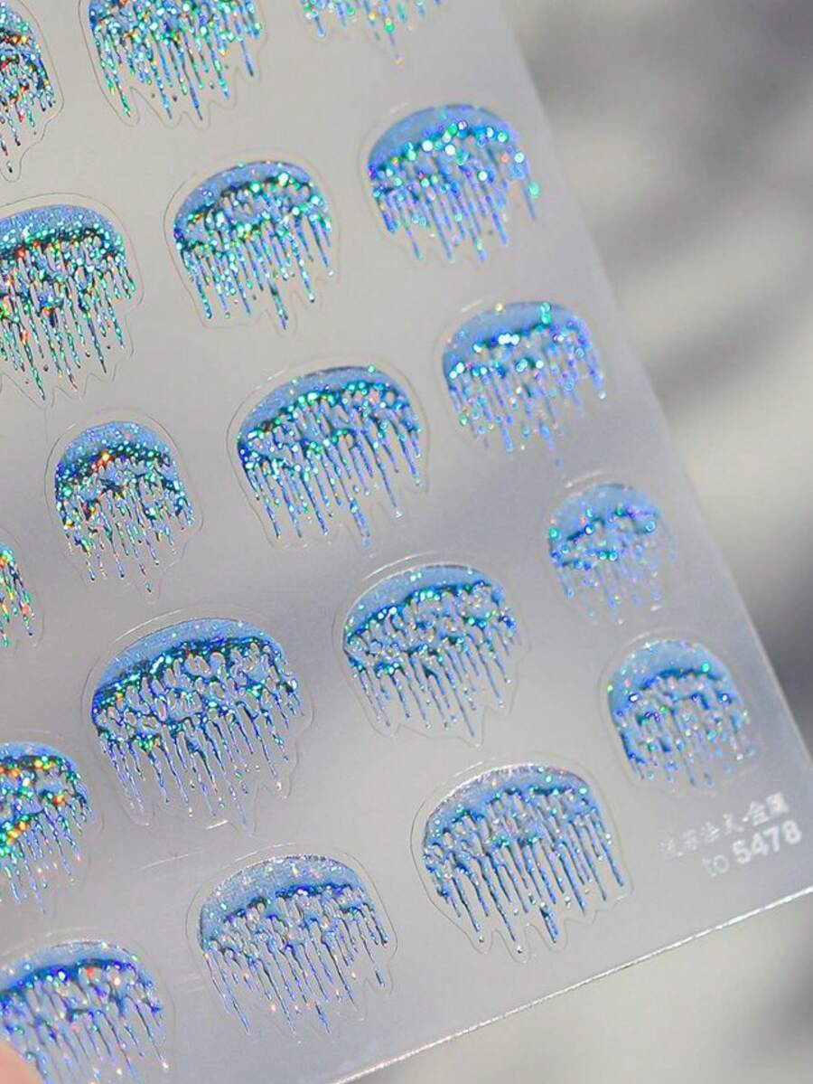 1pc Sparkling Silver Minimalist French Tassel Press-On Nail Stickers 5D Nail Art Elegant Modern Chic Self Adhesive Nails For Women's Sophisticated DIY Manicure Decals