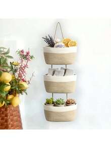 Hanging Basket On The Door, 3-Layer Woven Cotton Wall-Mounted Storage Bag, Decorative Hanging Kitchen Basket - White - View 8
