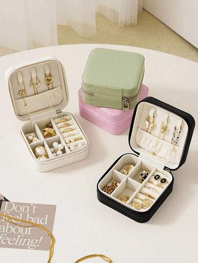 1pc Portable Travel Jewelry Storage Box, PU Leather Jewelry Organizer, Compact Zipper Jewelry Case, Multi-Layer Earring Ring Holder, Makeup Cosmetic Storage Box, Jewelry Display Stand, Perfume Organizer, Waterproof & Anti-Oxidation Material To Protect Rings, Earrings And Necklaces, Holiday Gift, Gift For Her, Suitable For Teachers