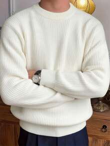 Men's Solid Color Crew Neck Long Sleeve Casual Pullover Sweater, Versatile For Daily Wear, Autumn/Winter , Fall - White - View 2