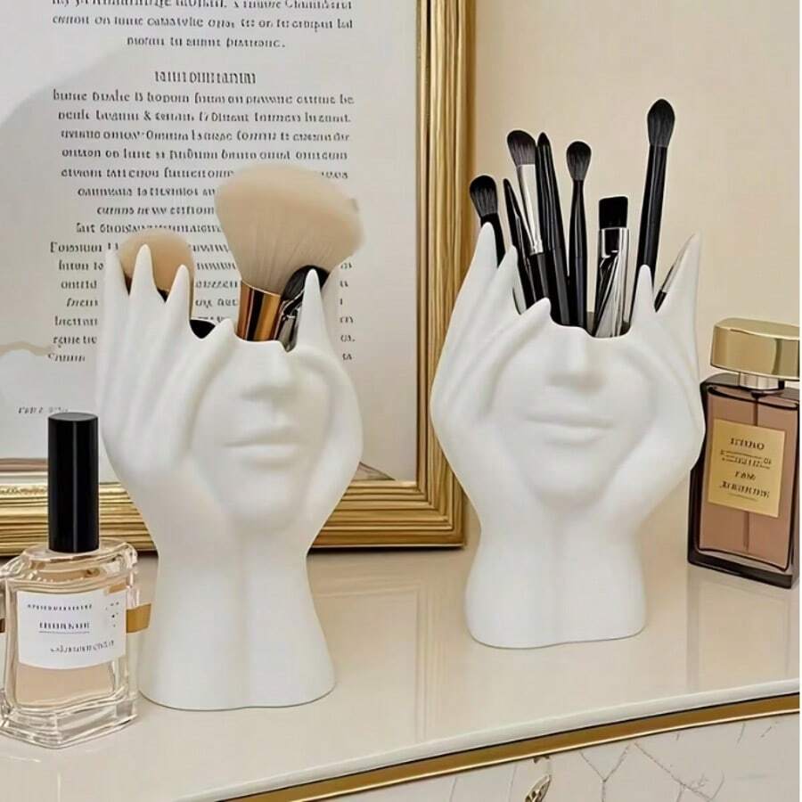 1/2pcs Cute Creative Face Cosmetic Bucket, Makeup Brush Organizer, Desktop Mounting, Lightweight, Bathroom Accessory, Resin Material, Shockproof Version - Multicolor - View 1