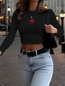 女士纯色蜘蛛印花T恤，速干长袖短款T恤，适合室内外运动，休闲运动服 - 黑色 - 查看 2