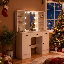 Vanity Set With Led Lights Makeup Desk Dressing Dresser Desk Table With 3 Drawer - Perfect For Organizing Makeup, Skincare, Elegant Vanity|Decorative Vanity, Vanity Furniture, Compact For Small Space, Bedroom Decor Gift, Perfect Gift For Women Girls , Ideal Para Regalos De Navidad Y Halloween. - White - View 8