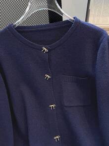 Plus Size Women Casual Cardigan With Bow Button, Color Block Patchwork, Pocket Design, Autumn/Winter