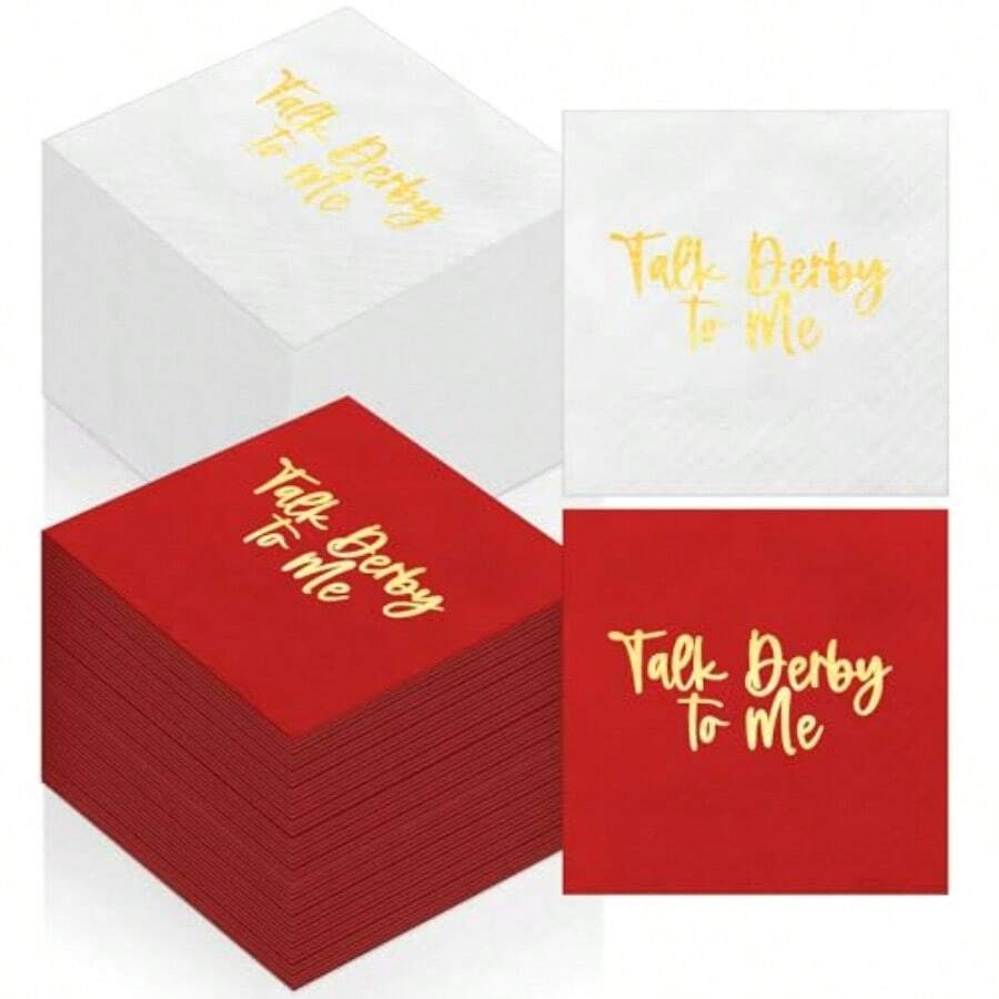 D100 Pcs Horse Racing Derby Jockey Party Napkins Horse Themed Beverage Cocktail Luncheon Napkins For Derby Day Kentucky Birthday Party Decorations Plies - 紅白 - 查看 1