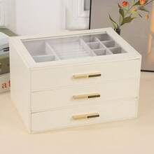 女士首饰盒，玻璃盖首饰收纳盒，带3个抽屉，可收纳项链、戒指、耳环、手镯，圣诞礼物 - 彩色 - 查看 5