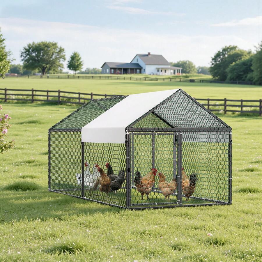 Metal Chicken Co Op For 4-6 Chickens, 3.3 X 6.6 X 3.3 Ft, Small Chicken Cage With Waterproof Cover & Double Doors, Spire Roof Poultry Run Compatible With Wooden Coops, For Rabbit Hen Goose Duck - 1*2*1m - 查看 1