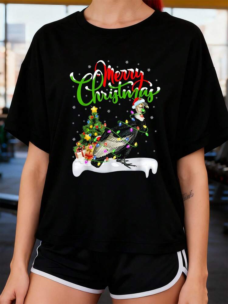 Christmas T-Shirt With Christmas Tree Lights, Santa Hat, Vulture Bird, Graphic Tees For Women, Crop Tops, Summer Outfits For Women, Summer Tops BOS4 - 黑色 - 查看 7