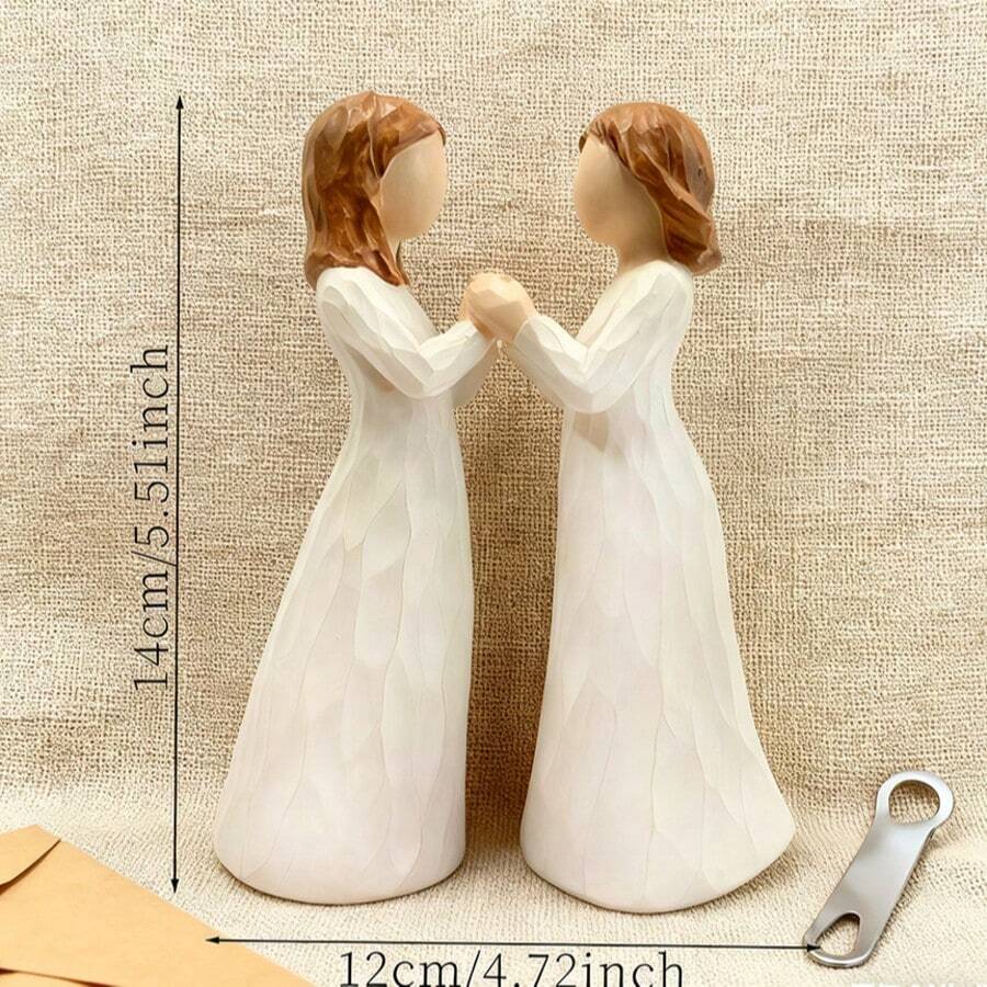 1pc 14cm Modern Couple Figurine – Minimalist Style, White Dress With Brown Hair, Hand-Holding Design, Resin Sculpture For Black Room Decor, Wedding Gift Or Anniversary Table Display During Valentine's Day & Romantic Occasions,Home Decor,Room Decor,Valentine's Day Gifts - 白色 - 查看 1
