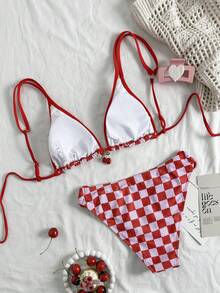 2026 New European & American Style Dual-Tone Plaid Sexy Casual Backless Bow Tie Fitted High-End Date, Vacation, Party, Beach Bikini Set Set - Multicolor - View 3