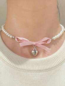 1 件法式粉色心形蝴蝶结百搭珍珠项链小众设计甜美纯洁锁骨链 - 粉色 - 查看 5