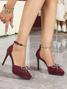 Elegant Party & Nightclub Rhinestone Bow Decor Waterproof Platform High Heels - Burgundy - View 4
