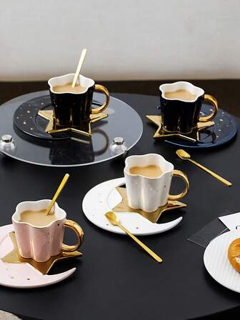 Ceramic Coffee Cup And Saucer Set, Suitable For Home Kitchen, Restaurant, Living Room, Gift, Drinking Tea, Coffee, Milk, Juice, Wedding, Party, Birthday