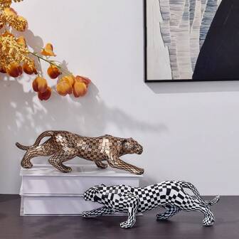 Modern minimalistisk mosaik gepardstatydekor, svartvit mönstrad hartskatthundskulptur, lämplig för vardagsrumskontor minimalistisk stil i hartshantverk, unik födelsedags-/högtidspresent