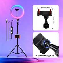 12英寸LED环形灯套装（含延长杆），支持RGB全彩灯光效果，标配160厘米可伸缩三脚架和相机夹。它兼具出色的稳定性和灵活的调节性，轻松应对从个人自拍、集体照到专业会议、影棚拍摄和直播等各种场景，实现全方位照明。适用于摄影、视频录制、直播、Zoom会议、Vlog等。 - 黑色 - 查看 6