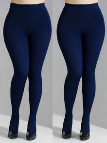 1双/2双海军蓝加大码打底裤，女士简约宽松不透明紧身裤，高密度超薄高弹连裤袜，适合日常穿着（请勿仅参考模特穿搭，购买时请务必查看尺码表，确认长度和宽度是否合适，请勿因尺码不合适而给予差评，尺码表已提供） - 藏蓝色 - 查看 4
