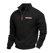 Otoño e invierno hombres pesan más terciopelo simple retro medio cremallera cuello de pie relajado suéter casual hombre - Negro - Ver 1