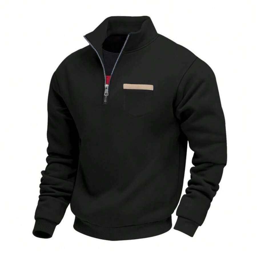 Otoño e invierno hombres pesan más terciopelo simple retro medio cremallera cuello de pie relajado suéter casual hombre - Negro - Ver 1