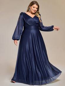 EVERPRETTY Plus Size Glitter Elegant Embroidered Applique Split Long Sleeve High Waist Evening Dresses Formal Dresses For Party Fall Winter Wedding Guest Dresses