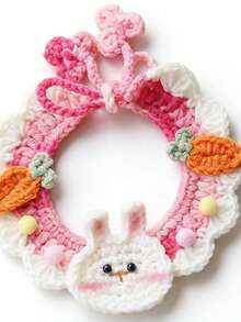 可爱的手工编织宠物围巾，带蝴蝶结、兔子和胡萝卜装饰 - 粉色 - 查看 8