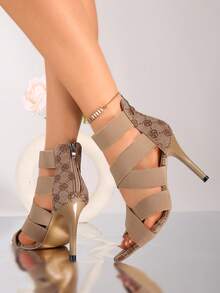 Women's High Heel Elastic Ankle Boots, Dance Sandals, Jazz Ankle Boots, Roman Peep Toe High Heels - Khaki - View 3